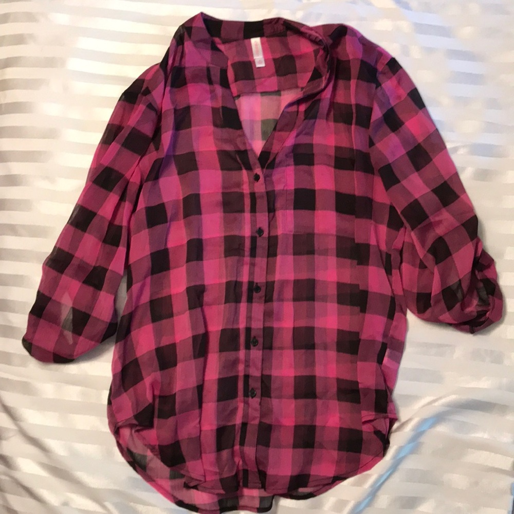 Pink and black checkered sheer top